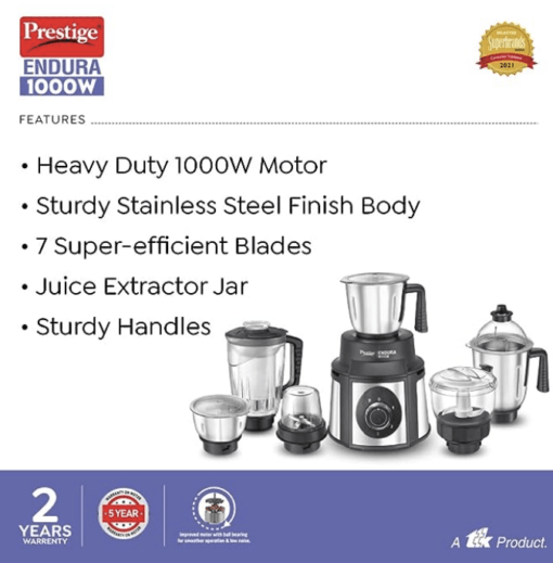 Prestige Endura 1000W Mixer Grinder, 6 Jars (1500 ml, 1000 ml, 1500 ml, 450 ml) (Black, Silver) - Image 3